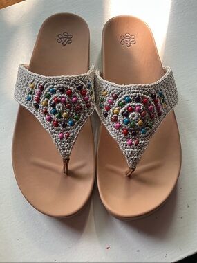 The Sak Cream Crochet Thong Sandals with Multicolor Bead Detail
